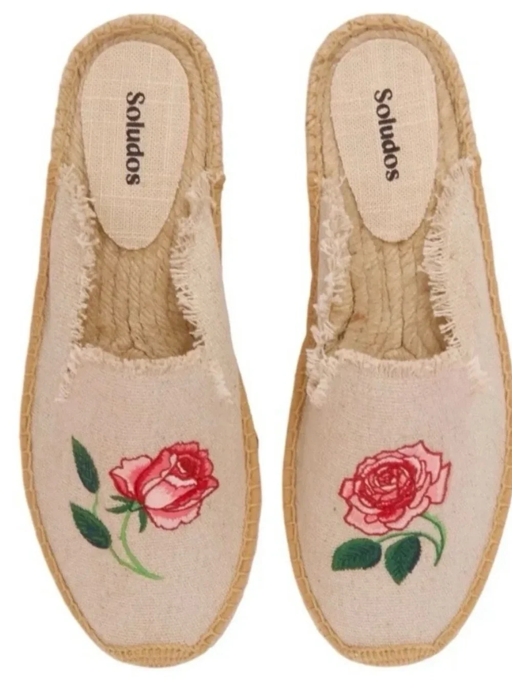 Soludos Women Smoking Mule‎ Espadrilles Rose Embroidered Natural Canvas Sz 9 New